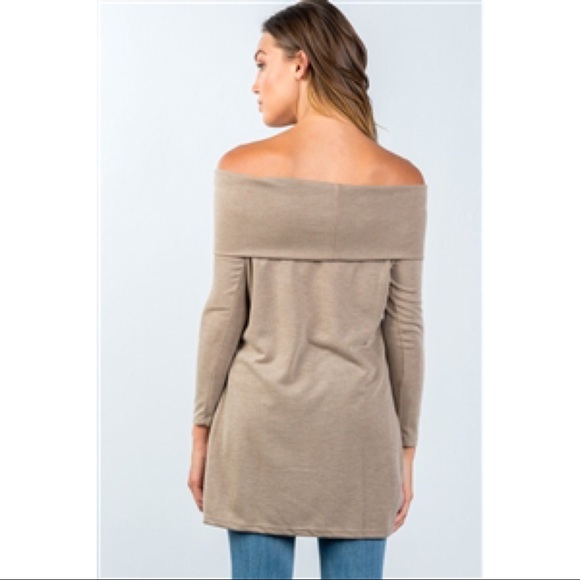 SALES TAUPE OFF SHOULDER FOLD-OVER LONG SLEEVE TOP - Picture 4 of 5
